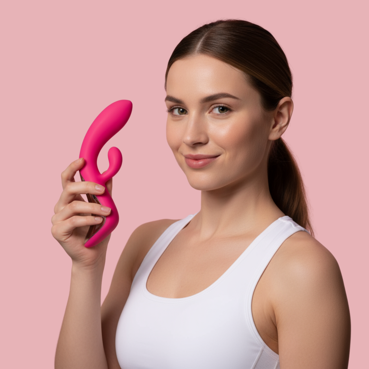 Model holding ARIA from Passion Wassion against a pink background