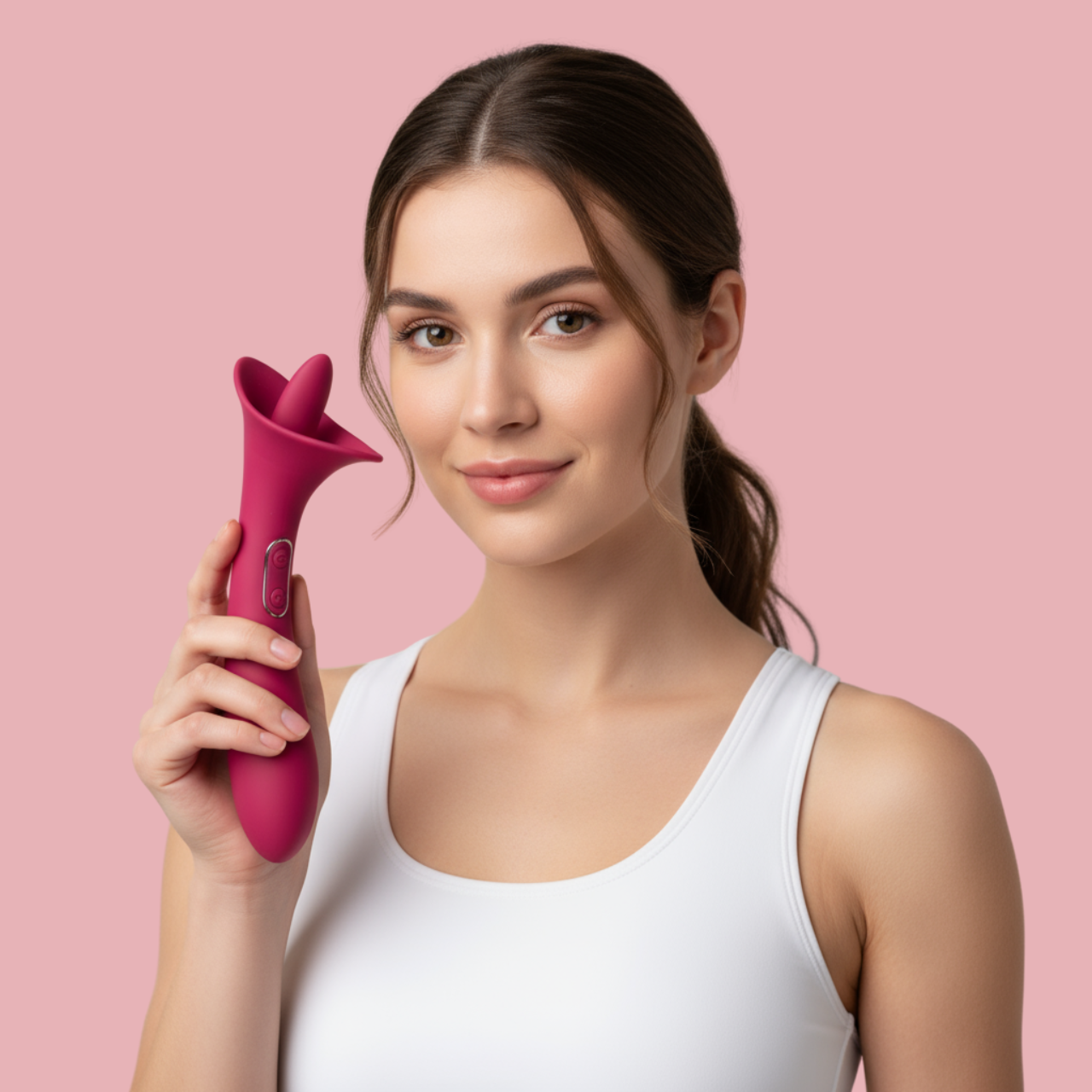 Model holding SELENE from Passion Wassion against a pink background
